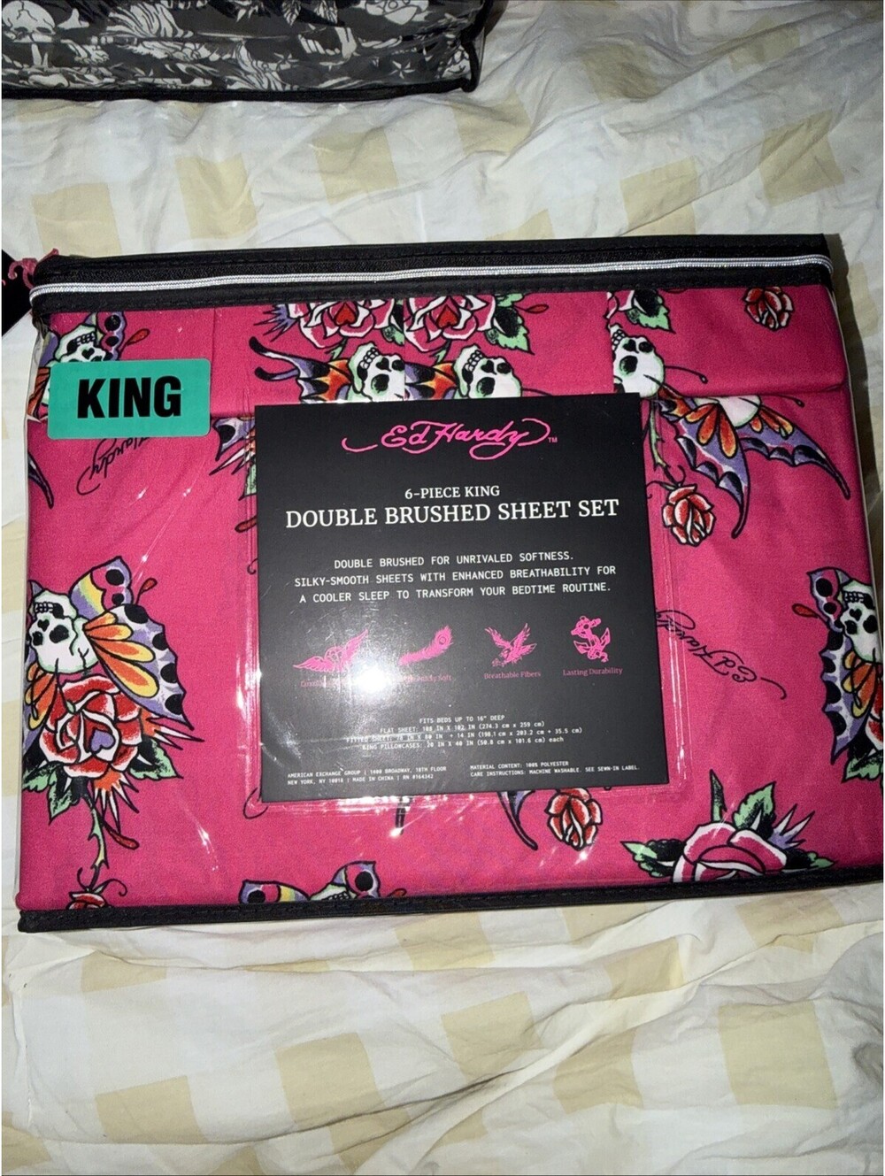Ed Hardy King 6pc Sheet Set Pink Skull Wings Roses Embossed NWT